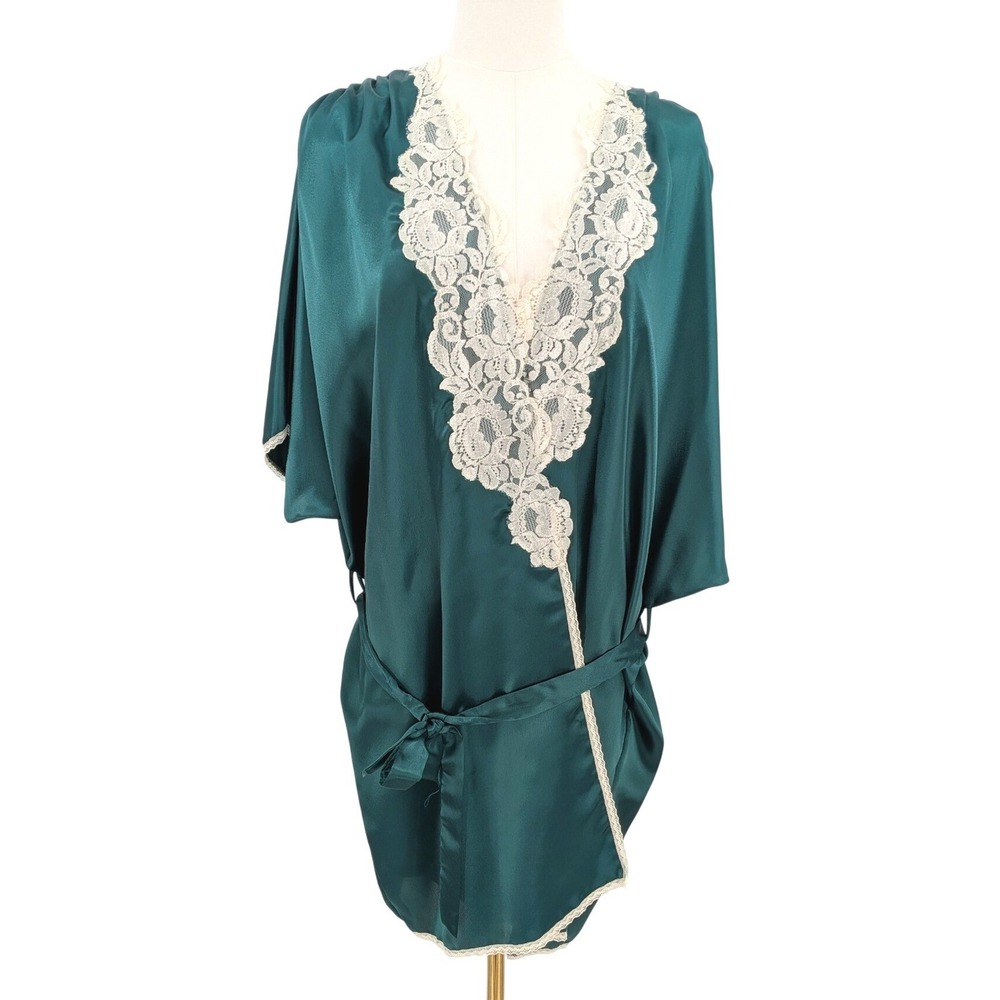 Val Mode Emerald Satin‎ Lace Lingerie Set M Vintage Glam Robe Slip
